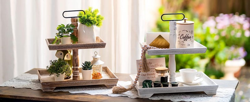 Hanobe Tiered Tray for Table Decor: Mid-Century 2 Tier Decorative Tray Stand for Coffee Bar - Large Farmhouse White Centerpiece Display Stands for Holiday - Wood for Kitchen Counter Decorations - Image 5